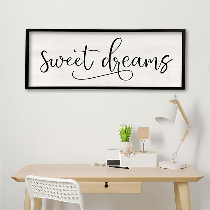 comurdyo Sweet Dreams Wall Decor Above Bed Sign 40" x 15" Master Bedroom Wooden Antique Framed Large Rustic Farmhouse Guest Room Beautiful Simple Hanging Plaque Over Bed Wall Art (Black)-Ruum Studio Home