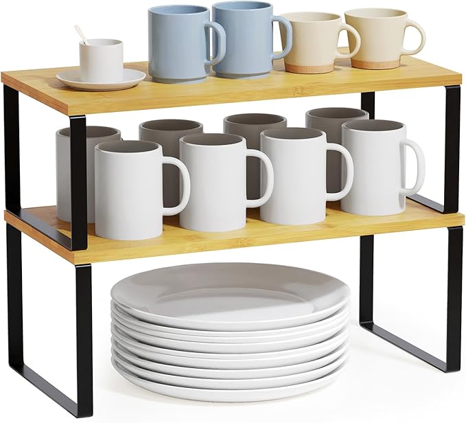 SpaceAid Cabinet Shelf Organizers 2 Pack, Kitchen Counter Rack Shelves Riser, Stackable Expandable Spice Rack, Pantry Cupboard Storage Organization (Black and Natural, Long)-Ruum Studio Home
