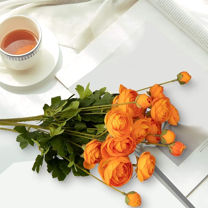 5 Stems Artificial Silk Ranunculus Flowers Orange 23" Tall,UV Resistant,Bendable Stems for Wedding Centerpieces,Home Deco（Orange）-Ruum Studio Home
