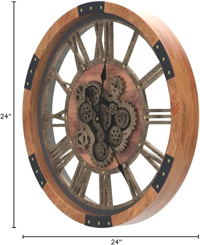 DORBOKER 24" Large Wall Clock with Moving Gears,Oversize Vintage Industrial Rustic Farmhouse Clocks for Living Room Decor Office Home,Solid Wood HD Tempered Glass Cover,Brown-Ruum Studio Home
