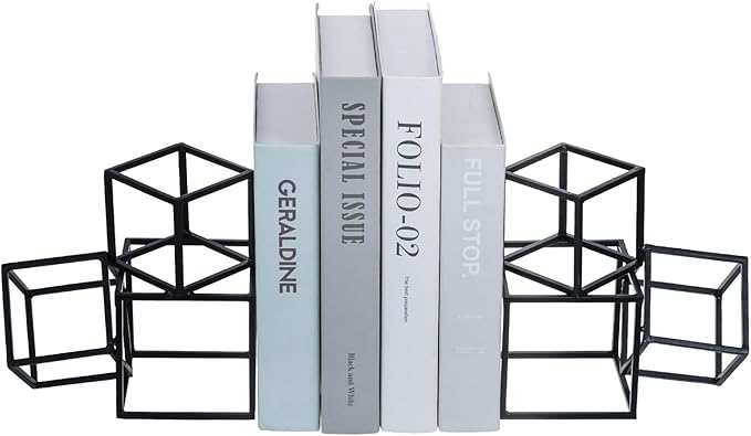 MyGift Modern Matte Black Metal Geometric Bookends in 3 Cube Frame Design, Decorative Book Stands for Home Library Bookshelf Office Desk, 1 Pair, Handcrafted in India-Ruum Studio Home