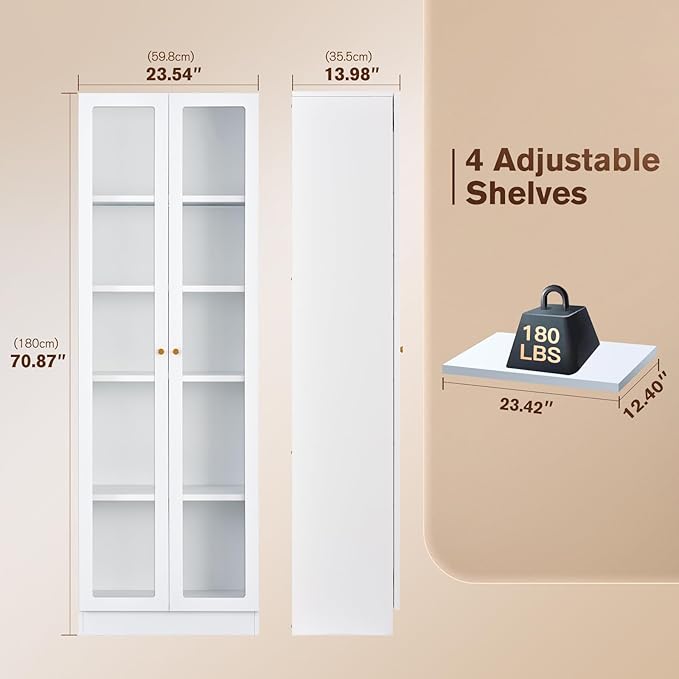5 Tier Metal Curio Cabinets, Modern Bookshelf Cabinet with 4 Adjustable Shelves, Cabinet Display Case for Home Office, Living Room, Pantry (White-23.54W-Metal Door)-Ruum Studio Home