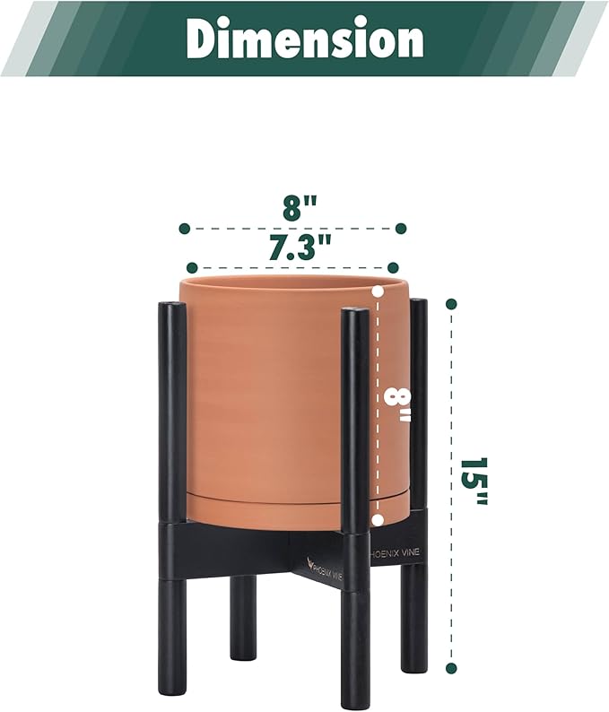 D'vine Dev Terracotta Planter with Ebony Stand - 8 Inch Modern Round Flower Pot with Wood Planter Holder, Terracotta, 55-B-M-5-Ruum Studio Home