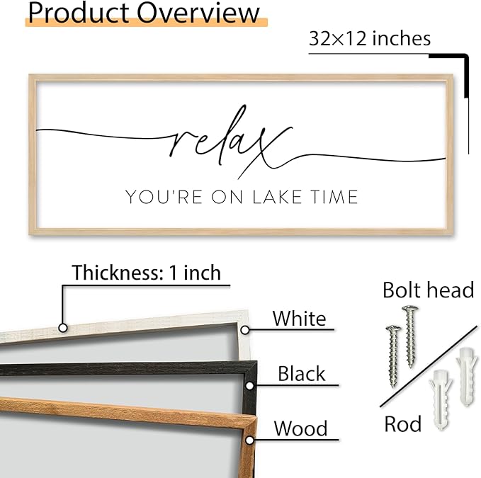 SRSZHIYUE Relax You're On Lake Time Wall Decor Above Bed Sign 32"×12" for Lake House Bedroom Over Bed Large Wood Framed Hanging Art (Wood)-Ruum Studio Home