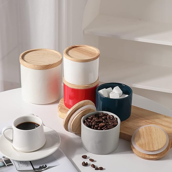 Sweejar Kitchen Canisters Ceramic Food Storage Jar, Stackable Containers with Airtight Seal Wooden Lid for Serving Ground Coffee, Tea, Sugar, Spice and More - 5 Fl Oz(Gray)-Ruum Studio Home