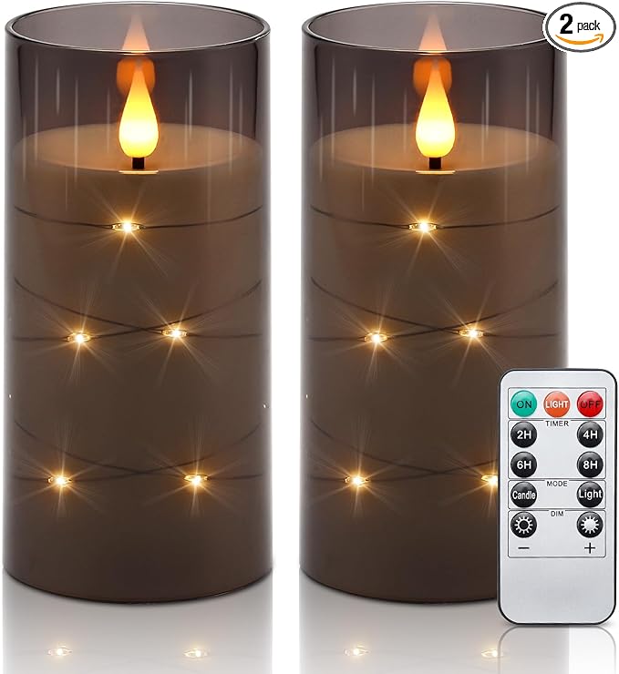 Aignis Flickering Flameless Candles Battery Operated Candles LED Candles with Remote Timer for Home/Wedding/Birthday/Holiday Decor ，Grey 3D Flame Set of 2 (D3 xH6 6")-Ruum Studio Home