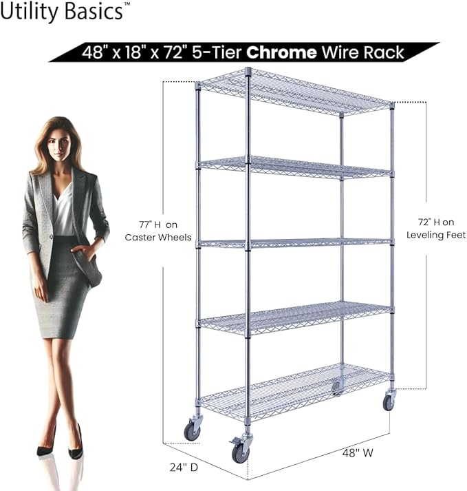48"x18"x72" Chrome 5-Tier PREMIUM Wire Shelving NSF 4000 LBS MAX CAPACITY Heavy Duty Steel Storage Rack for Warehouses, Garages, Hospitals, Commercial Spaces, & Schools w/PREMIUM WHEELS-Ruum Studio Home