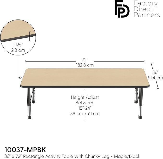 FDP Rectangle Activity School and Classroom Kids Table (36 x 72 inch), Toddler Legs, Adjustable Height 15-24 inches - Maple Top and Black Edge-Ruum Studio Home