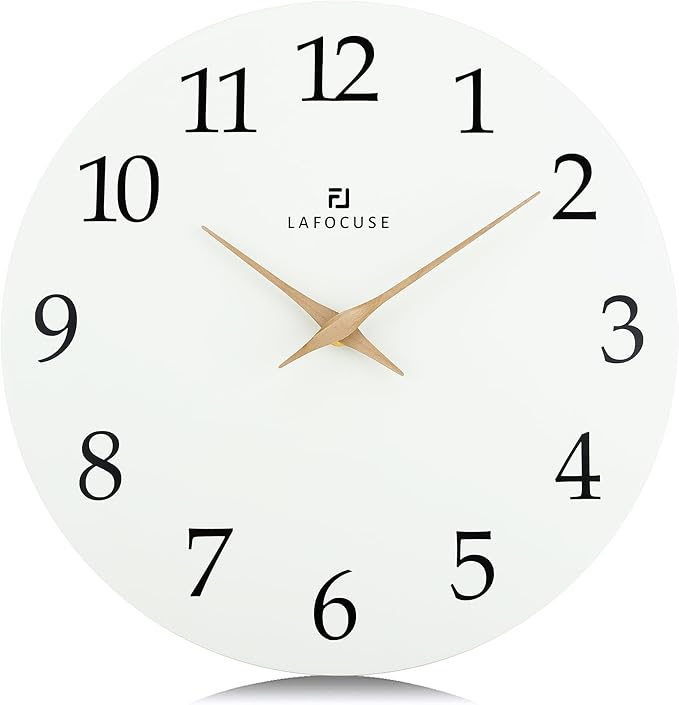 Lafocuse 12 Inch Silent White Wall Clock Battery Operated for Living Room Decor, Simple Minimalist Wooden Wall Clock for Kitchen Bedroom Office-Ruum Studio Home