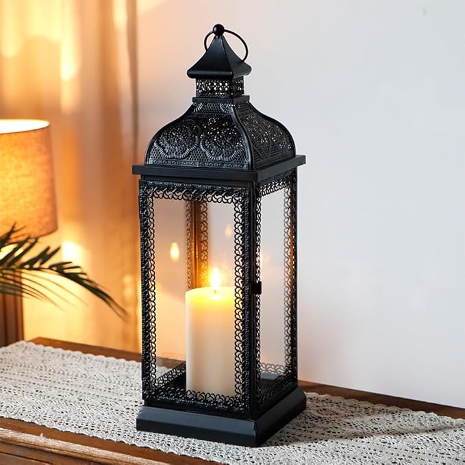 TRIROCKS Rustic Style Metal Candle Lantern 19'' High Decorative Hanging Lantern Candle Holder with Tempered Glass for Christmas Living Room Garden Yard Patio Parties Events Indoors Outdoors(Black)-Ruum Studio Home