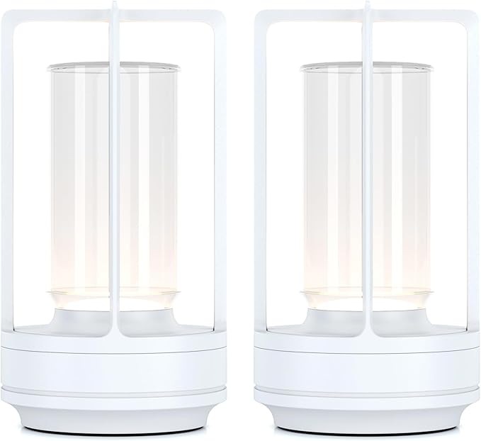 Portable Metal Table Lamp for Indoor/Outdoor ,Rechargeable Cordless LED Lamp, 3-Colour Infinitely Dimming Battery Powered Small Desk Lamp, Restaurant/Bedroom/Bar/Coffee/Camping Light (White Set of 2)-Ruum Studio Home