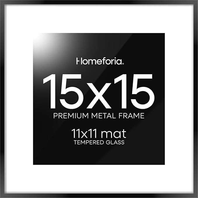 Homeforia 15x15 Picture Frame Black, High End Metal 15 x 15 Square Poster Frames with Mat 11 x 11 Photo, 15x15 Black Frame Matted to 11x11 Print, 15by15 Thin Frames, Tempered Glass, Wall Kit, Set of 1-Ruum Studio Home