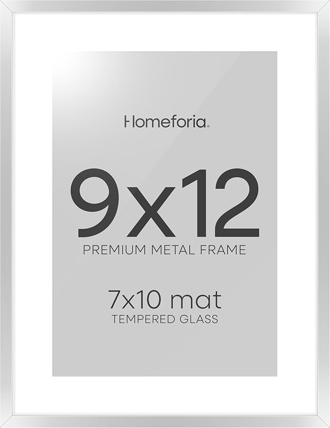 Homeforia 9x12 Picture Frame Silver, High End Metal 9 x 12 Frames with Mat 7 by 10 inch Photo, 9by12 Poster Frame Matted to 7x10 Print, 12x9 Wall or Tabletop Frames, Tempered Glass, Wall Kit, Set of 1-Ruum Studio Home