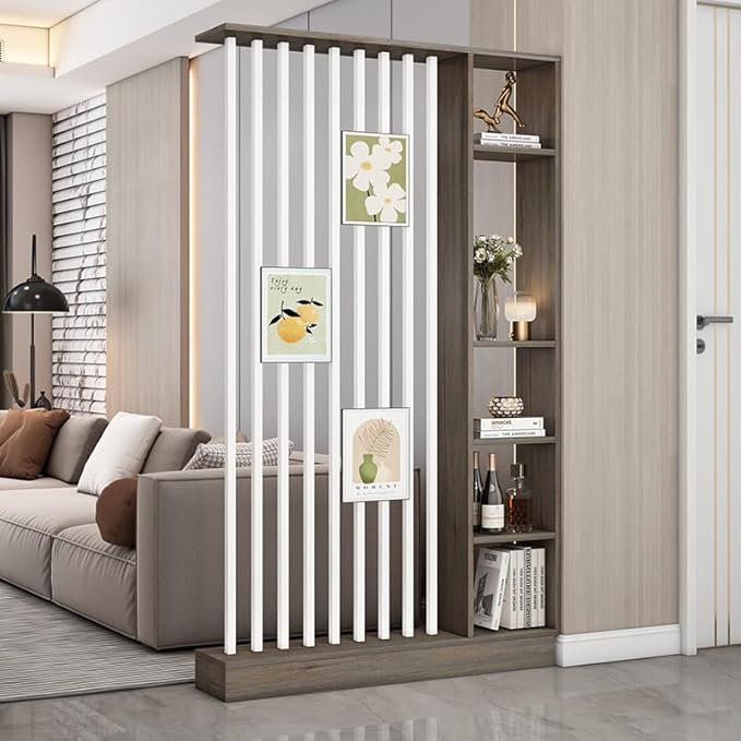 Wall Room Divider, Storage Cabinet Storage Display with Shelves, Modern Freestanding Wood Room Divider Screen, Wall Privacy Screens for Home Decorative (Grey Oak+White,47" L x 9.5" W x 79.5" H)-Ruum Studio Home