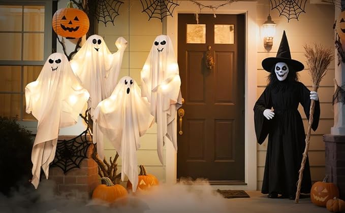 4 Pack Halloween Hanging Ghosts, 27.5 Inch with Light Up Ghost Kit for Indoor Outside Ornaments, Spooky Yard Tree Halloween Decorations Outdoor, Party Décor-Ruum Studio Home