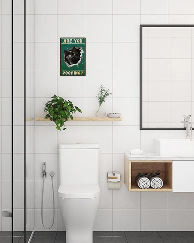 ALKB Are You Pooping Signs Funny Black Cat Sign for Bathroom Wall Decor, Vintage Cat Gift 8 x 12 Inch-Ruum Studio Home