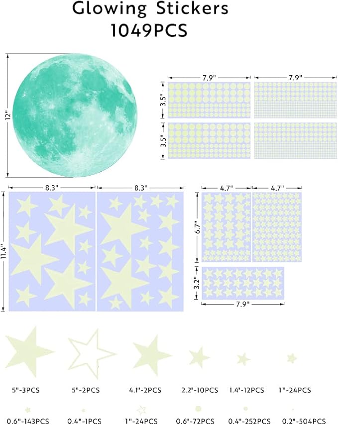 1049Pcs Glow in The Dark Stars and Moon for Ceiling, Wall Bedroom Chirldren's Room Stickers Decals Decor, Boys & Girls' Gifts-Ruum Studio Home
