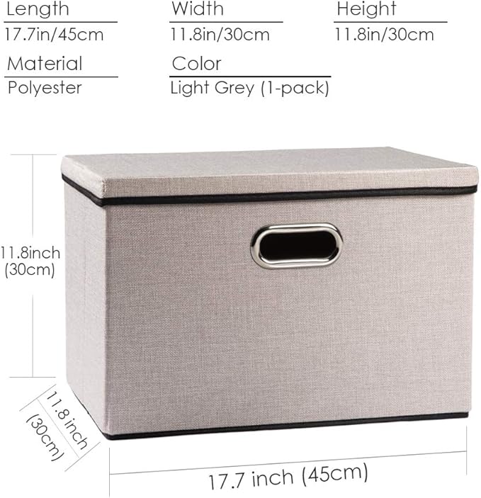 PRANDOM Large Foldable Storage Bin with Lid [1-Pack] Linen Fabric Decorative Storage Box Organizer Container Basket Cube with Handles Divider for Closet Office Living Room Light Grey(17.7x11.8x11.8)-Ruum Studio Home