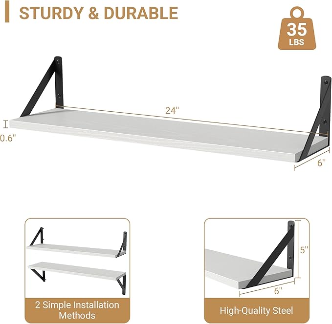 Heimlove Floating Shelves for Wall, 24 Inch Long Wood Floating Shelves Set of 3, Wall Mounted Hanging Shelf for Bathroom Bedroom Kitchen, White-Ruum Studio Home