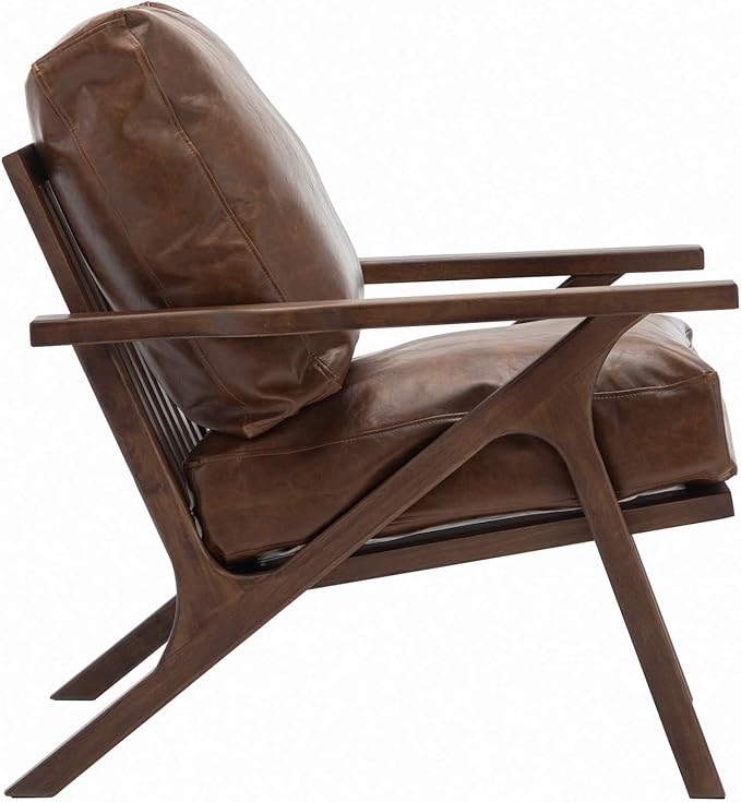Wahson Brown Leather Accent Chair Mid Century Modern Chair, Retro Upholstered Armchair with Wood Frame and Removable PU Cushions, Large Compfy Leisure Slipper Chair for Living Room/Bedroom-Ruum Studio Home