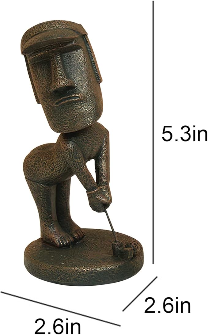 Moai Statue Decor - 6 Inch Easter Island Oranment Resin Stone Decoration for Room Accessories Antique Sculpture for Office Desktop (Play Golf)-Ruum Studio Home