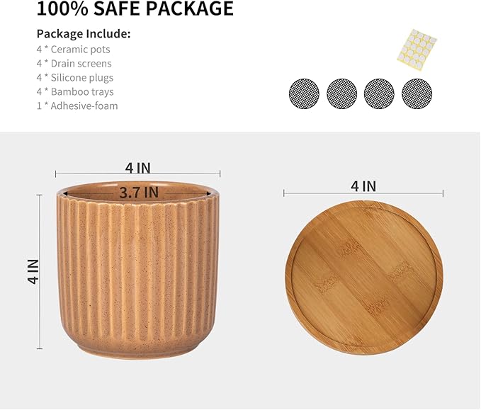 TAMAYKIM 4 Inch Cylinder Ceramic Boho Plant Pots with Drainage Hole and Saucer, Glazed Multicolor Flower Pots for Succulent, Snake Plant, Cactus and Herbs, Set of 4 (Plant Not Included)-Ruum Studio Home