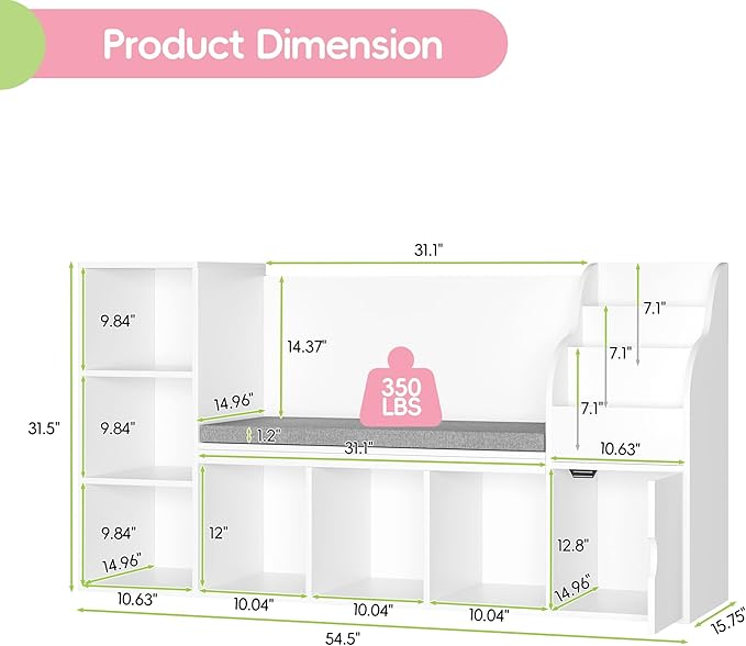 MU Kids Bookshelf with Reading Nook, Toddler Bookcase Bench with Seat Cushion and 7 Storage Cubbies, Kids Reading Nook for Boys & Girls, Toy Storage Bench Box for Bedroom, Playroom, Nursery, White-Ruum Studio Home
