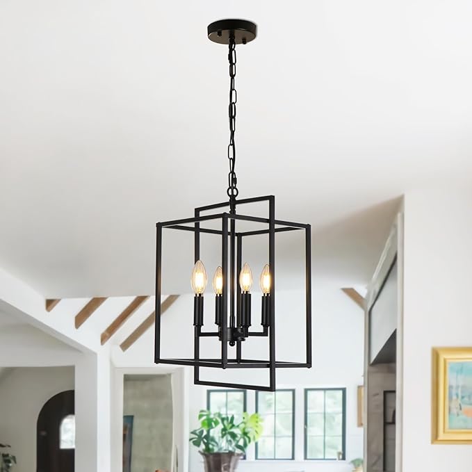 4-Light Vintage Black Chandelier, Foyer Lighting Fixtures Farmhouse Chandeliers for Dining Room, Modern Industrial Lantern Pendant Light for Kitchen Island Entryway Stairway-Ruum Studio Home