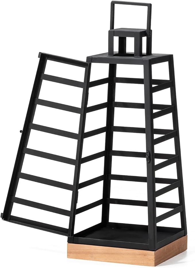 Glitzhome Set of 2 Modern Trapezoid Metal/Wood Decorative Lanterns,Large Candle Lanterns for Living Room,Home,Indoor, Outdoor,Table,Fireplace Mantle Decor -Black(No Glass)-Ruum Studio Home
