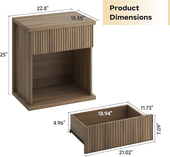 Fluted Nightstand, 22.8" Wide Nightstands with Drawer Storage Large Wood BedsideTable Night Stand for Bedroom Living Room Office, Natural Oak-Ruum Studio Home