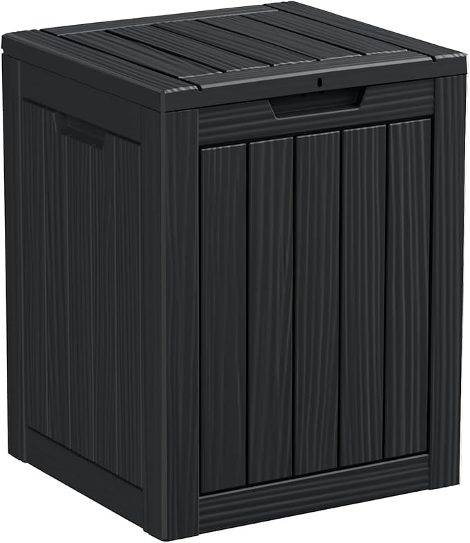 Vixzen 28 Gallon Outdoor Deck Box,Lockable Resin Waterproof Storage Box,UV Resistant,Weather Resistance,Outside Storage Bin for Gardening Tools,Pool Supplies,Black-Ruum Studio Home