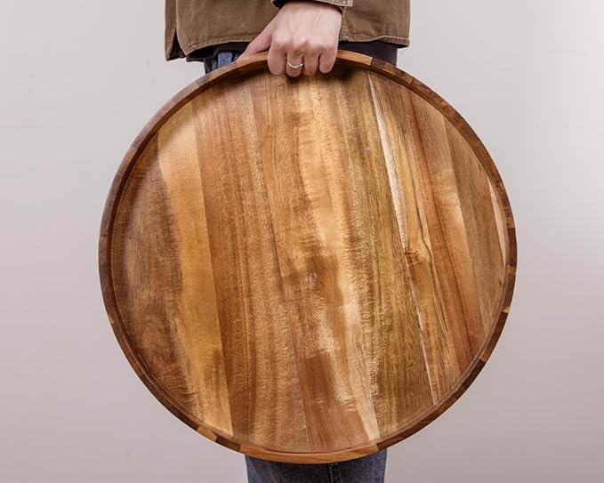 Large Ottoman Tray, 22" Big Ottoman Tray for Living Room, Large Serving Tray with Handles for Coffee Table Kitchen Counter,Great Round Wooden Trays with 4 Round Coasters for Appetizers, Dinner-Ruum Studio Home