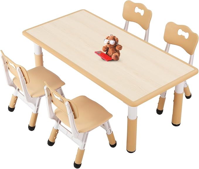 FUNLIO Kids Table and 4 Chairs Set for Ages 3-8, Height Adjustable Toddler Table and Chair Set, Easy to Wipe Arts & Crafts Table, for Classrooms/Daycares/Homes, CPC & CE Approved (5 pcs Set) - Natural-Ruum Studio Home