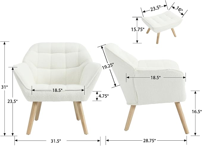 Modern Sherpa Accent Chair with Ottoman Set of 2, Fluffy Upholstered Lounge Chair with Footrest, Comfy Living Room Side Boucle Armchair for Small Space Bedroom, White-Ruum Studio Home