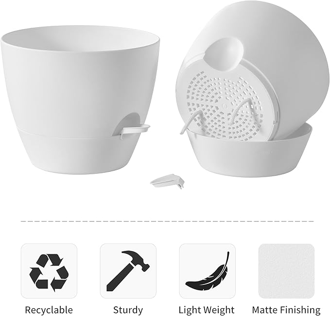 FaithLand 3-Pack Large Planter Pots, 12 10 9 Inch Self Watering Flower Pots for Indoor Outdoor Garden Plants, White-Ruum Studio Home