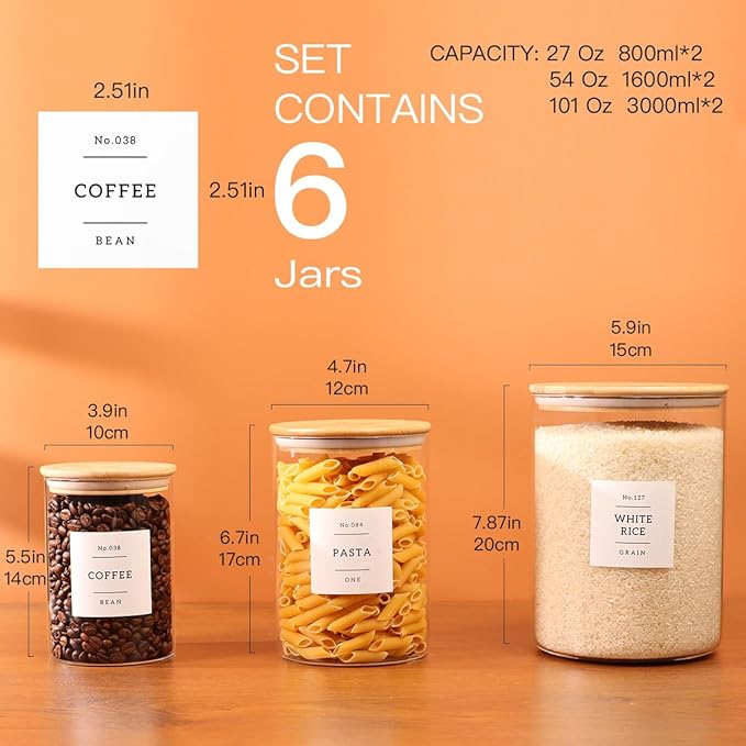 6-Pack Borosilicate Glass Storage Jars with Bamboo Lids + 132 Pre-Printed Pantry Labels Included, BPA-Free Thicken Airtight Containers for Flour, Sugar, Rice, Microwave & Freezer Safe(100OZ/54OZ/27OZ)-Ruum Studio Home