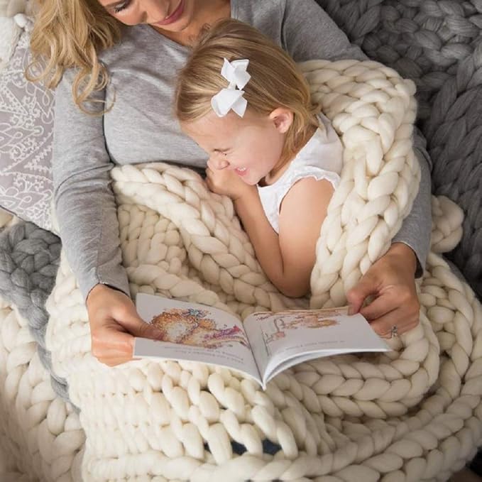 Chunky Knit Blanket Hand Made Merino Wool Throw Boho Bedroom Sofa Home Decor Giant Yarn(Ivory White 60"x80")-Ruum Studio Home