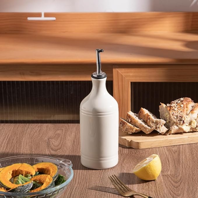 Sweejar Ceramic Olive Oil Dispenser Bottle, Opaque Oil Cruet Protects Oil to Reduce Oxidation, Suitable for Storage Oil, Vinegar, Coffee Syrups & Other Liquids, Pack of 1, 15.5 Fl Oz (Beige)-Ruum Studio Home