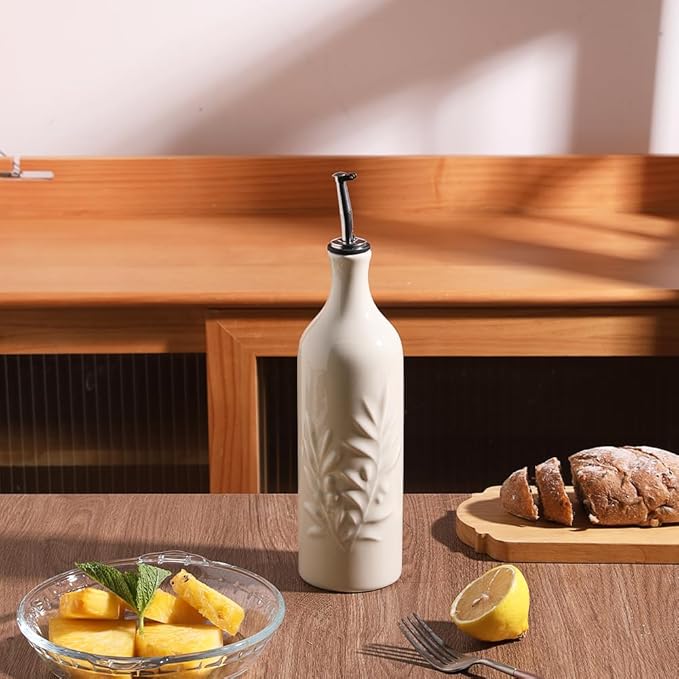 Sweejar Large Ceramic Olive Oil Dispenser Bottle, 24 Oz Relief Opaque Oil Cruet Protects Oil To Reduce Oxidation, Storage Vinegar, Soy Sauce, Coffee Syrup, Liquids, Set of 1 (Beige)-Ruum Studio Home