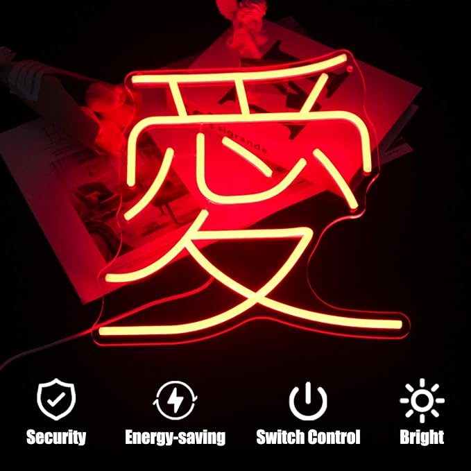 Japanese Love Neon Sign Red Love Kanji LED Neon Light Japan Symbol Neon Wall Sign Chinese Character LED Sign Words Neon Light Up Signs for Bedroom Bar Party Decor Valentine's Day Gifts-Ruum Studio Home