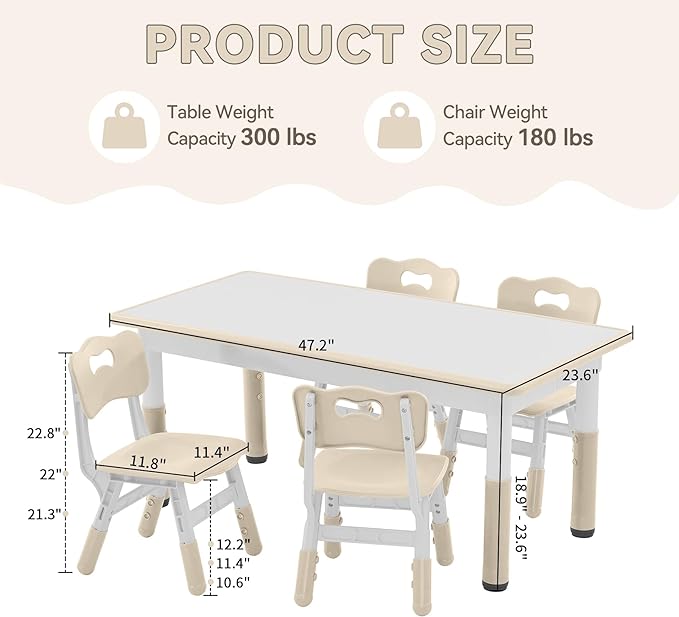 Kids Study Table and Chairs Set, Height Adjustable Toddler Table and Chair Set for Kids Ages 3-8, Graffiti Desktop (Burlywood - 1)-Ruum Studio Home
