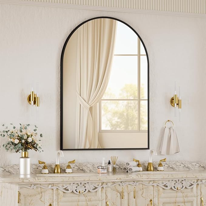 BEAUTYPEAK 30"x40" Arch Bathroom Mirror, Wall Mounted Vanity Metal Frame Mirror for Bedroom, Entryway, Living Room, Black-Ruum Studio Home