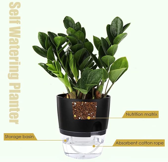 Vanavazon 6 Inch Self Watering Planter Pots for Indoor Plants, 3 Pack African Violet Pots with Wick Rope-Black-Ruum Studio Home