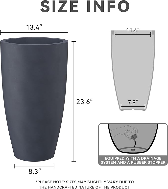 Kante 23.6" H Charcoal Finish Concrete Tall Planters Large Outdoor Indoor Decorative Plant Pots with Drainage Hole and Rubber Plug, Modern Tapered Style for Home and Garden-Ruum Studio Home