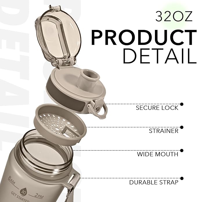 32oz Motivational Water Bottles with Time Marker & Fruit Strainer, Transparent Gradient Color Water Bottle with Times to Drink, Leakproof & BPA Free, Reusable Bottle with Strap (No Straw)-Ruum Studio Home