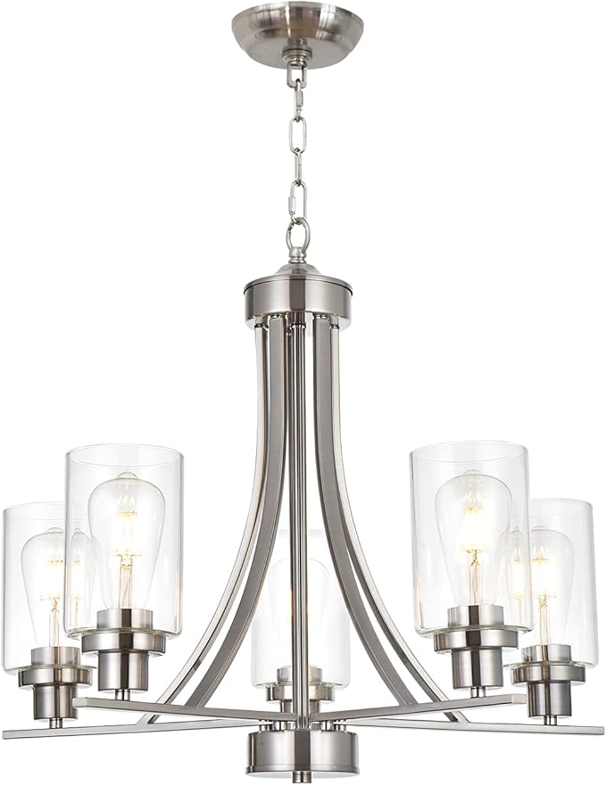 BONLICHT Traditional Chandelier Lighting 5 Light Brushed Nickel Modern Light Fixtures Hanging Pendant Lighting with Clear Glass Shade Classic Ceiling Lights for Kitchen Dining Room Living Room Island-Ruum Studio Home