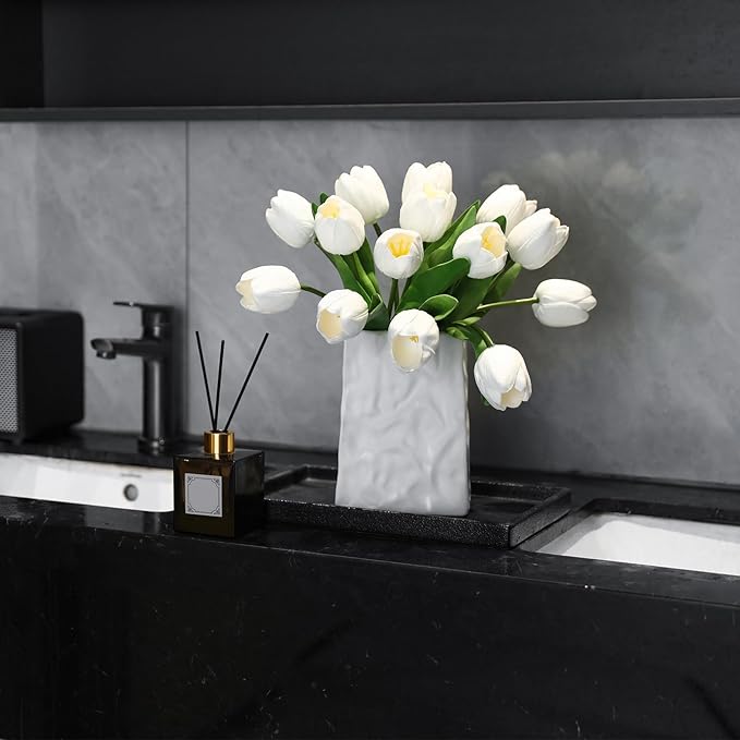 White Artificial Tulips, 2 Bundles 14Pcs, Fake Tulips Artificial Flowers, 2 x 2.4 Inch Large Flower Head Big Tulip, Easter Valentine's Day Mother's Day Home Decoration Flowers-Ruum Studio Home