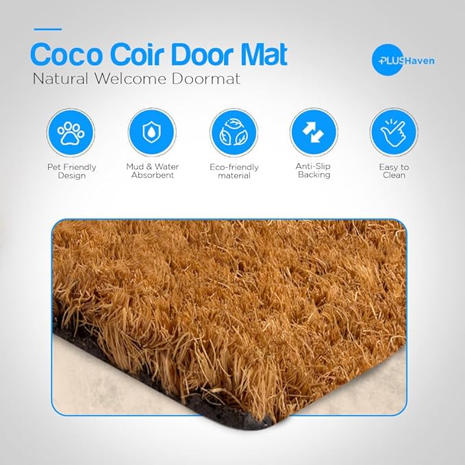 PLUS Haven Coco Coir Door Mat with Heavy Duty Backing, Natural Wipe Your Paws Doormat, 17.5”x30” for Entrance, Front Porch, Easy to Clean Entry Mat, Outdoor and Indoor Uses, Home Decor-Ruum Studio Home