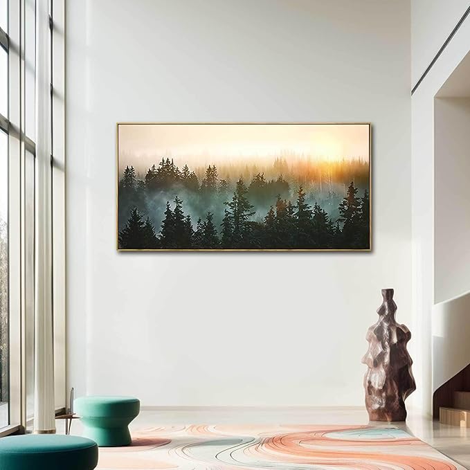 Living Room Wall Art Sunrise Misty Forest 24"x48" Modern Home Wall Decor Plants Wall Decorations Framed Artwork for Bedroom Dining Room Office Hotel-Ruum Studio Home