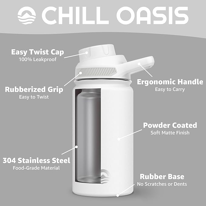 Chill Oasis Water Bottle | Compatible With Popular Flavor Cartridges | BPA Free, Leak Proof, Double-Walled Vacuum Insulated Stainless Steel, and Dishwasher Safe | Cold for 24 Hours (White, 12oz)-Ruum Studio Home